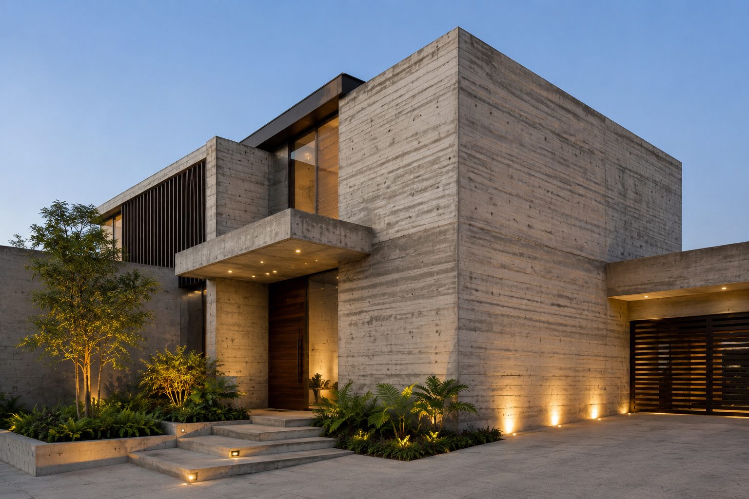 Casa habitación con muro de duela en concreto aparente