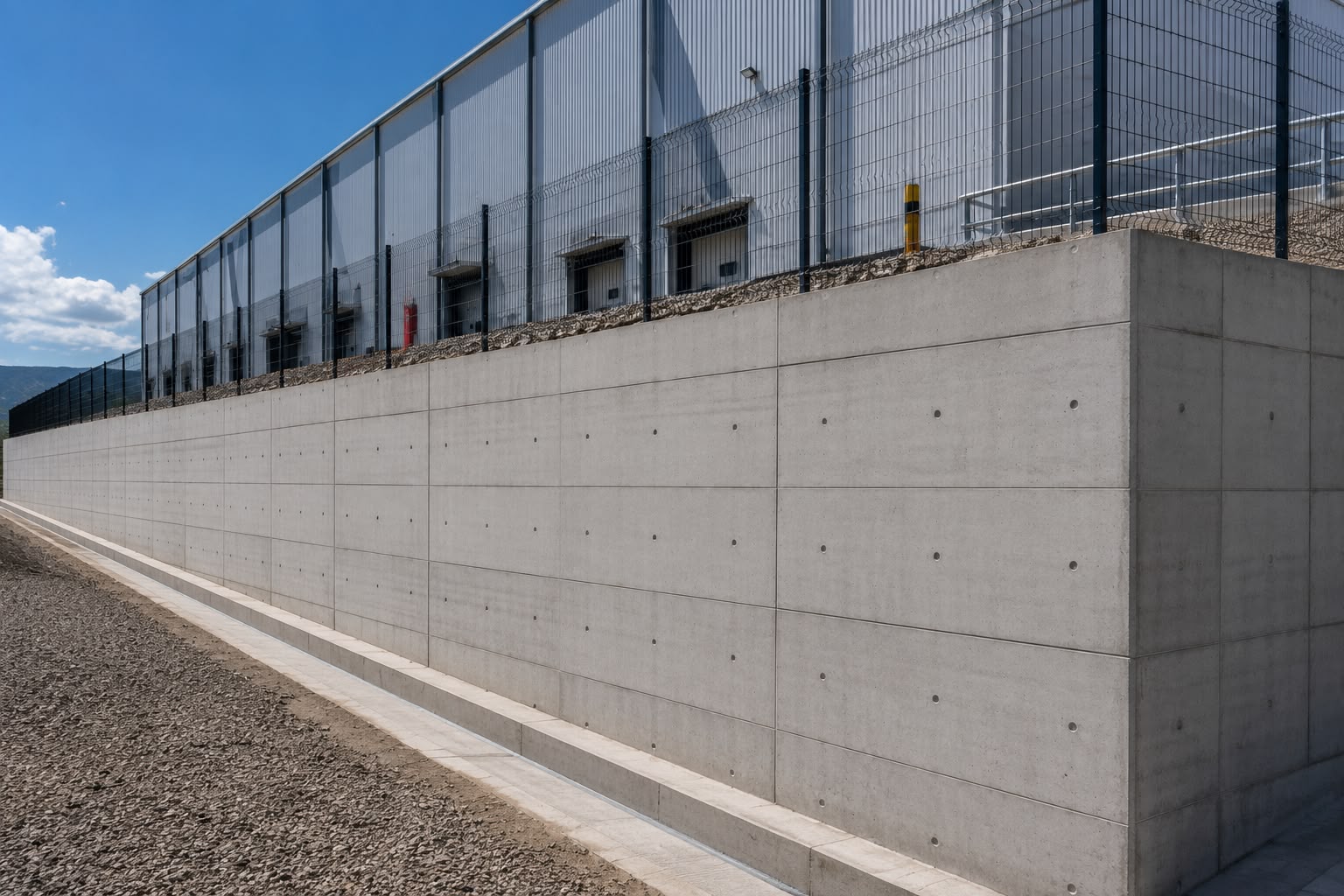 Muro de contención de concreto aparente en nave industrial